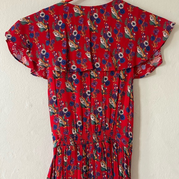 Red Maeve floral print midi faux wrap dress w/ ruffle sleeves, size 2 - Picture 3 of 3